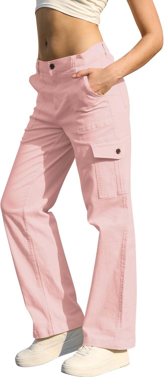 imageWULFUL Cargo Pants for Women High Waisted Casual Pants Straight Stretchy Wide Leg Y2K Streetwear with 6 PocketsPink
