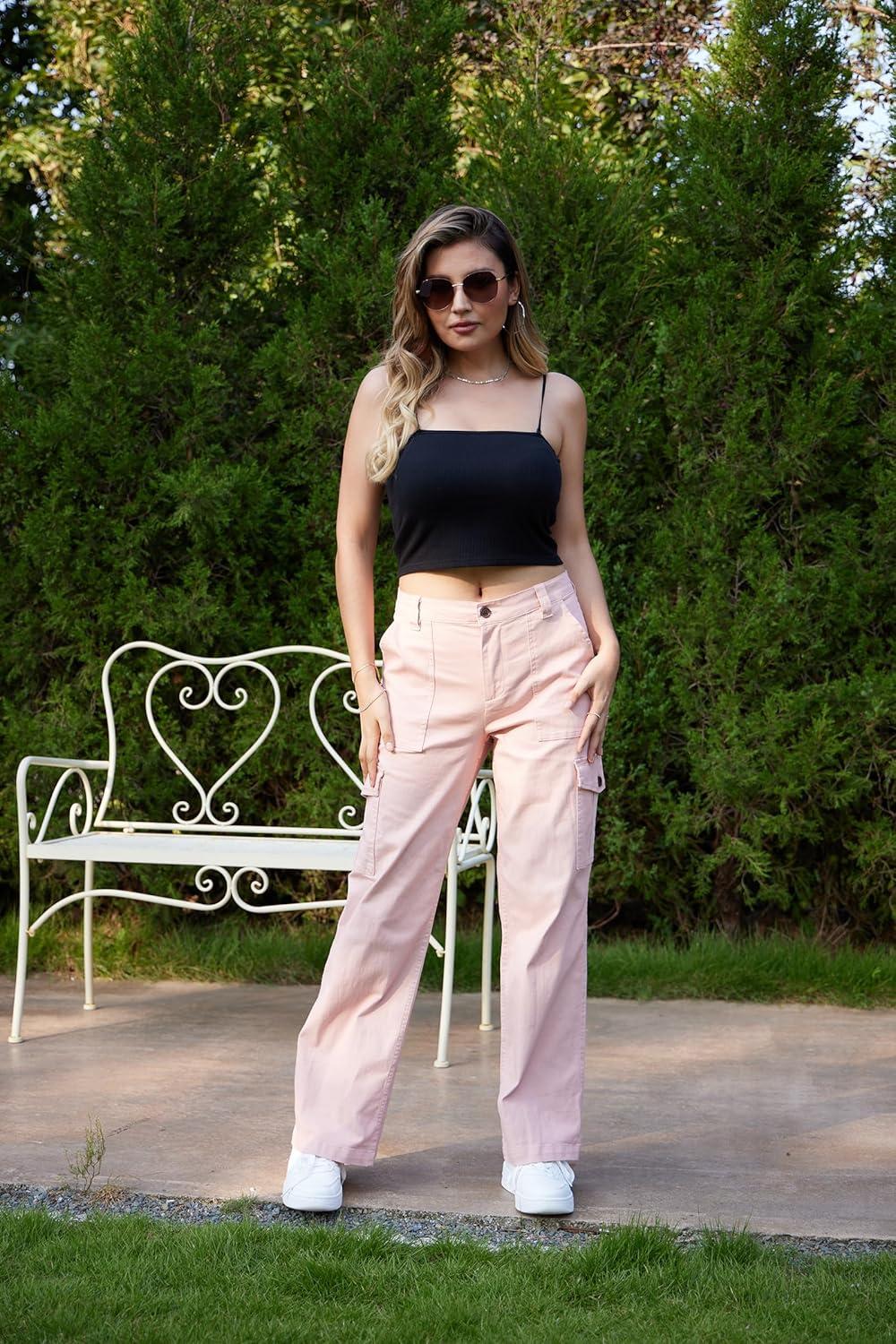 imageWULFUL Cargo Pants for Women High Waisted Casual Pants Straight Stretchy Wide Leg Y2K Streetwear with 6 PocketsPink