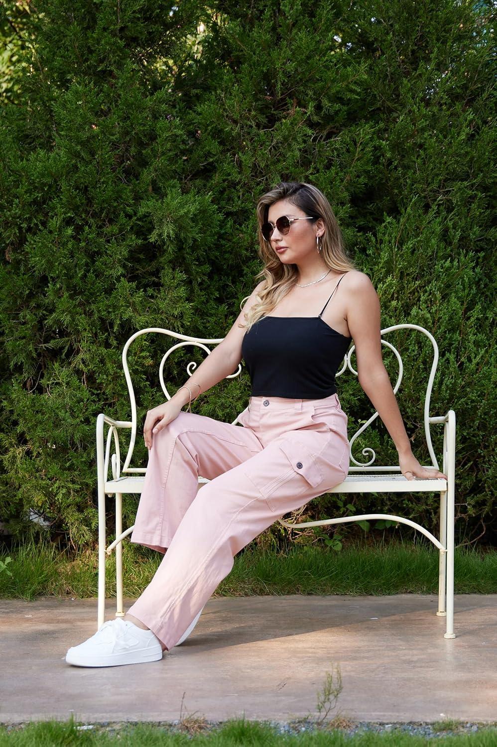 imageWULFUL Cargo Pants for Women High Waisted Casual Pants Straight Stretchy Wide Leg Y2K Streetwear with 6 PocketsPink