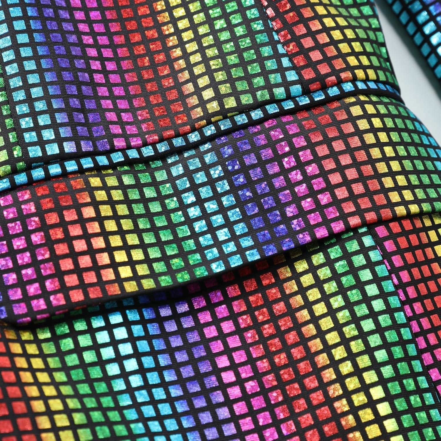 imageWULFUL Mens 2 Piece Disco Outfit 70s Costume Sequin Jacket and Pants Halloween Party Prom Suits with Tie