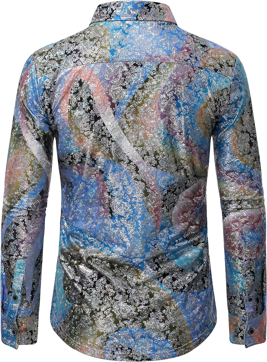 imageWULFUL Mens Luxury Disco Party Prom Paisley Gold Shiny Long Sleeve Dress Shirts Button Down Shirts