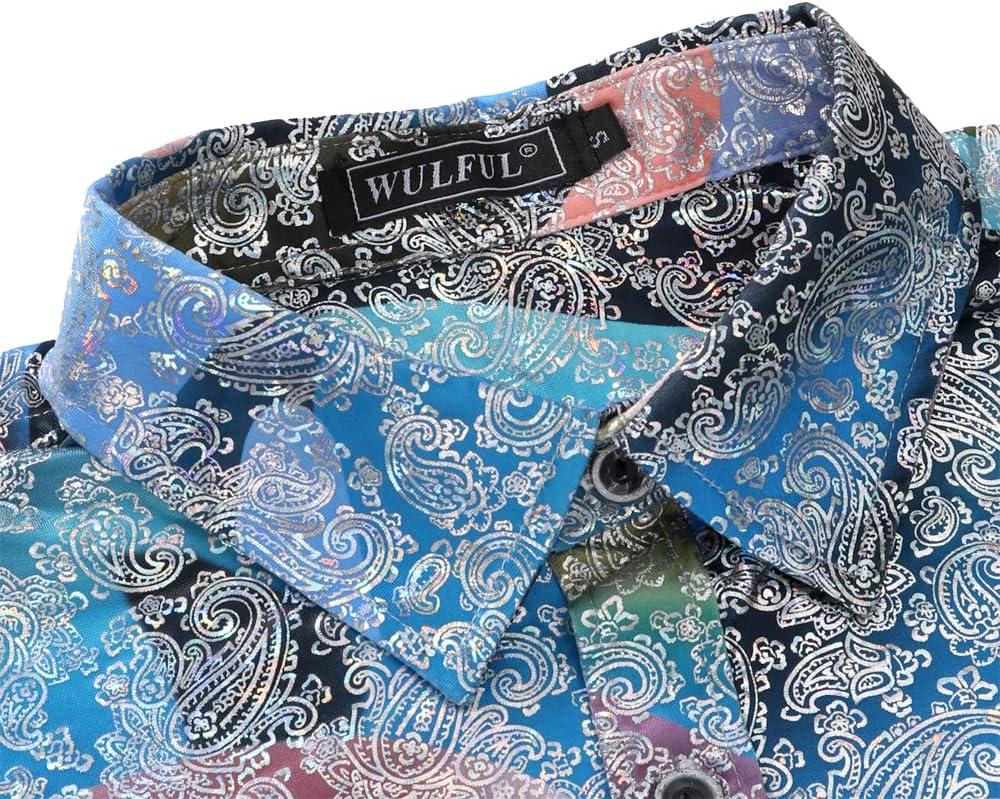 imageWULFUL Mens Luxury Disco Party Prom Paisley Gold Shiny Long Sleeve Dress Shirts Button Down Shirts