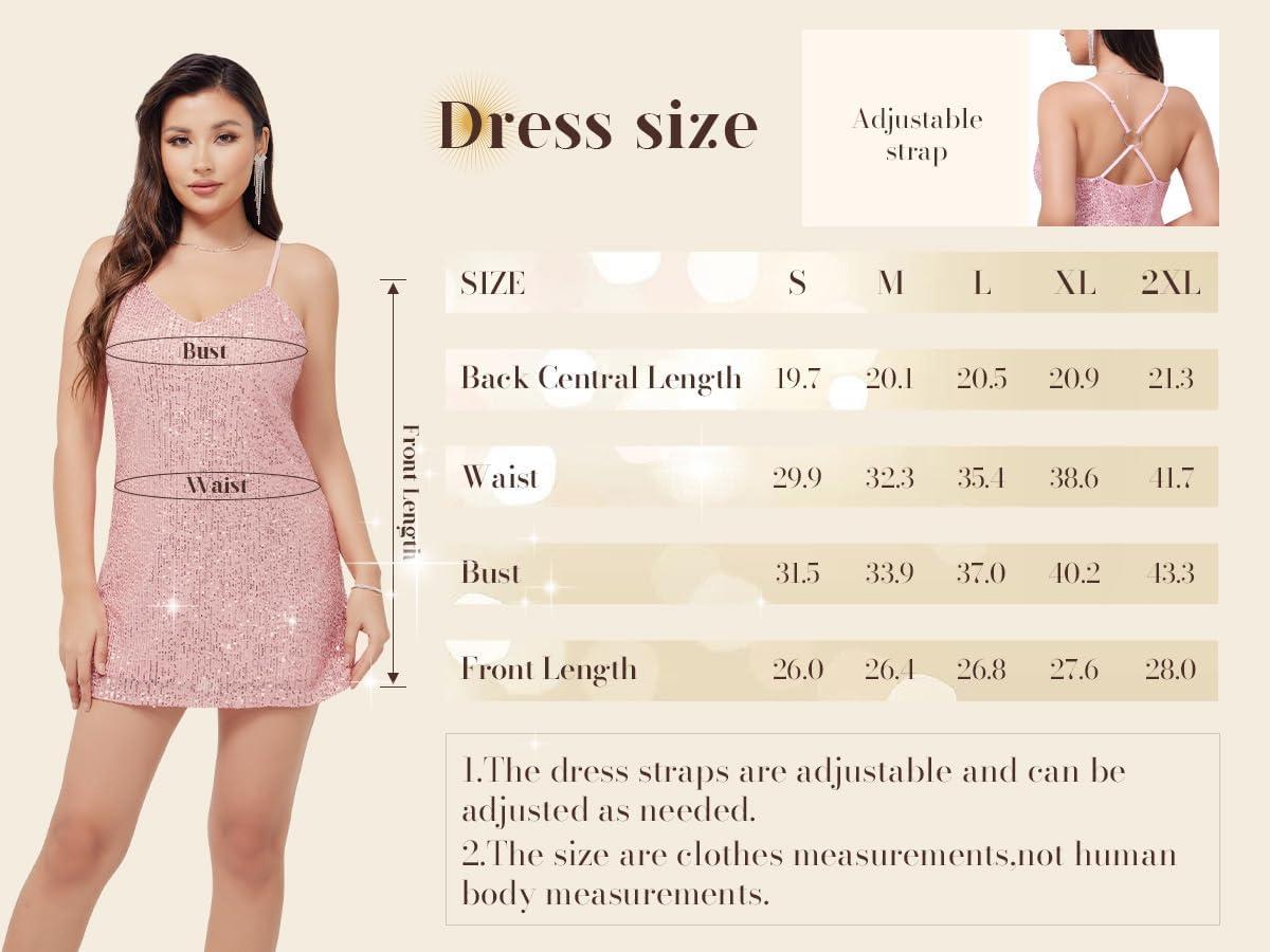 imageWULFUL Womens Glitter Sequin Mini Dress Spaghetti Strap V Neck Sparkly Christmas Party Dresses Disco Outfits ConcertBeige