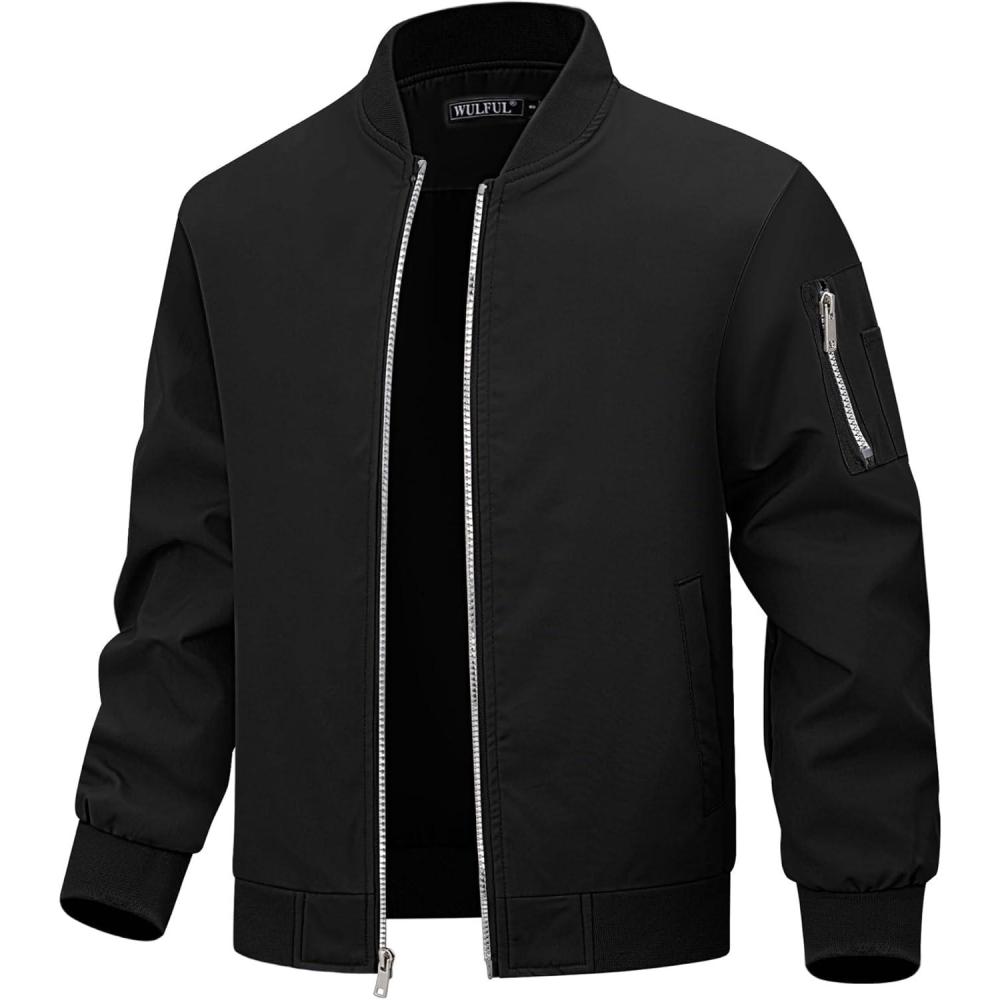 imageWULFUL Boys Bomber Jackets Kids Spring Fall Zip Up Varsity Windbreak JacketsBlack