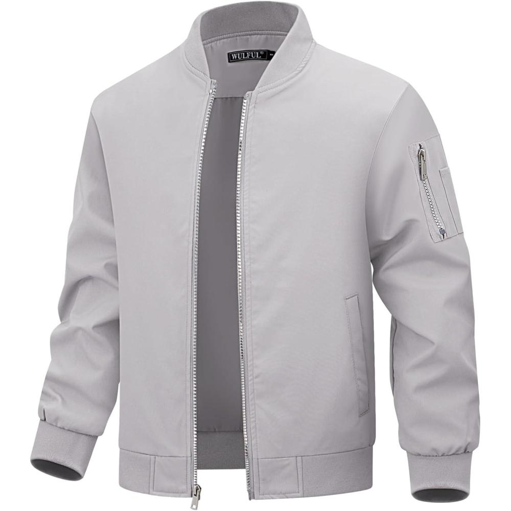 imageWULFUL Boys Bomber Jackets Kids Spring Fall Zip Up Varsity Windbreak JacketsLight Grey