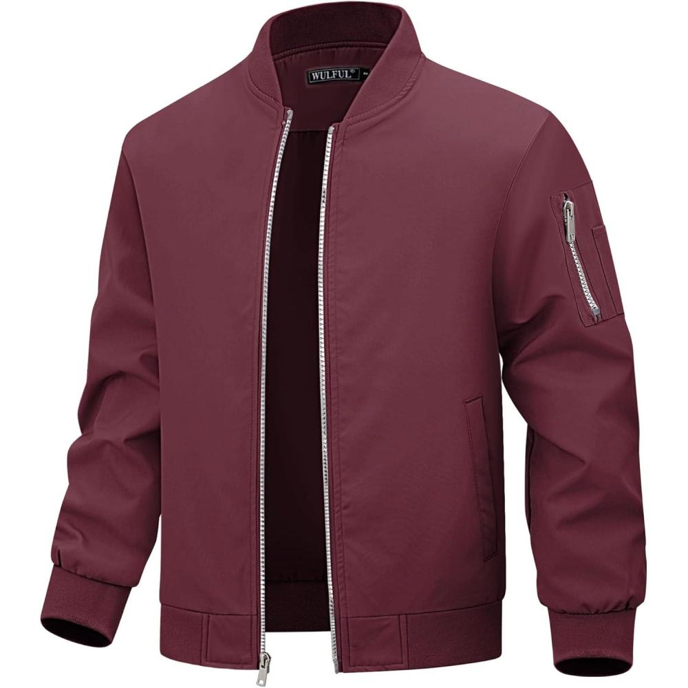 imageWULFUL Boys Bomber Jackets Kids Spring Fall Zip Up Varsity Windbreak JacketsWine Red