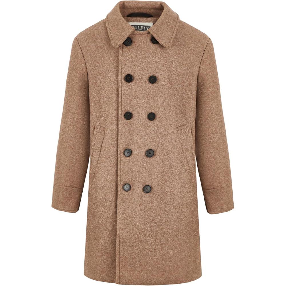 imageWULFUL Boys Double Breasted Wool Trench Coat Winter Pea CoatBrown
