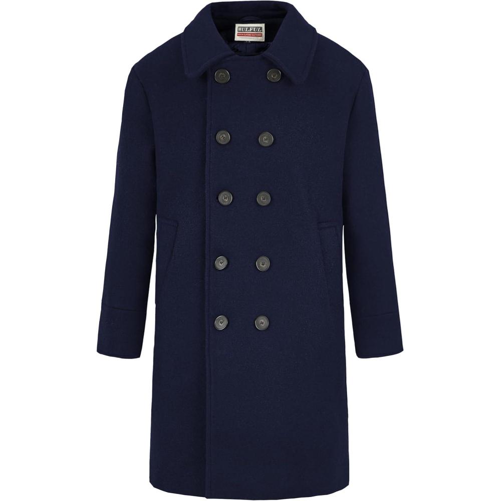 imageWULFUL Boys Double Breasted Wool Trench Coat Winter Pea CoatNavy