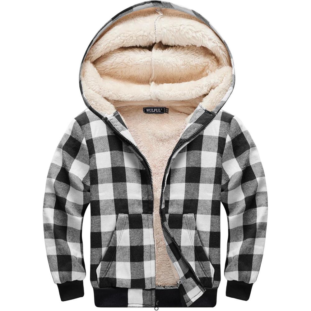 imageWULFUL Boys Flannel Fleece Jackets Plaid Sherpa Hoodie Zip Up Winter Coat 514 YearsBlack 649