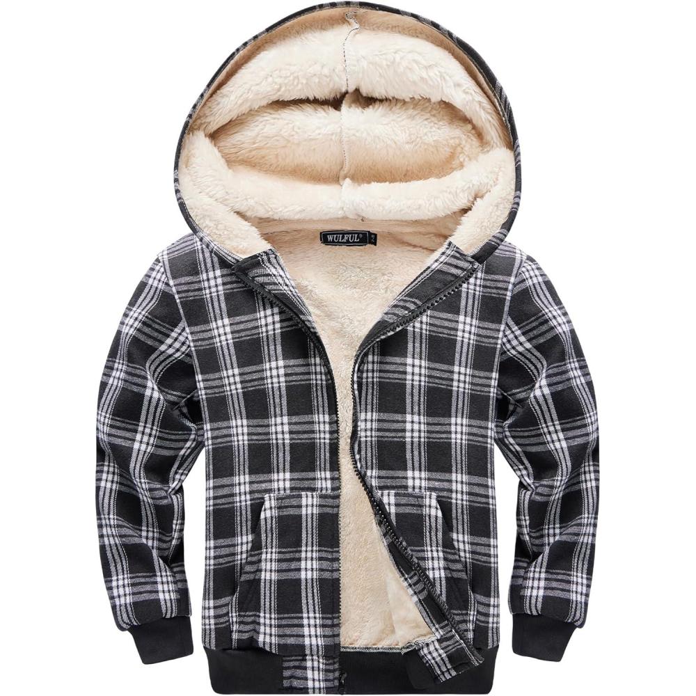 imageWULFUL Boys Flannel Fleece Jackets Plaid Sherpa Hoodie Zip Up Winter Coat 514 YearsBlack 758