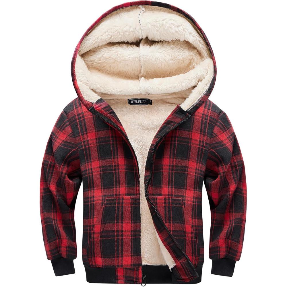 imageWULFUL Boys Flannel Fleece Jackets Plaid Sherpa Hoodie Zip Up Winter Coat 514 YearsRed 711
