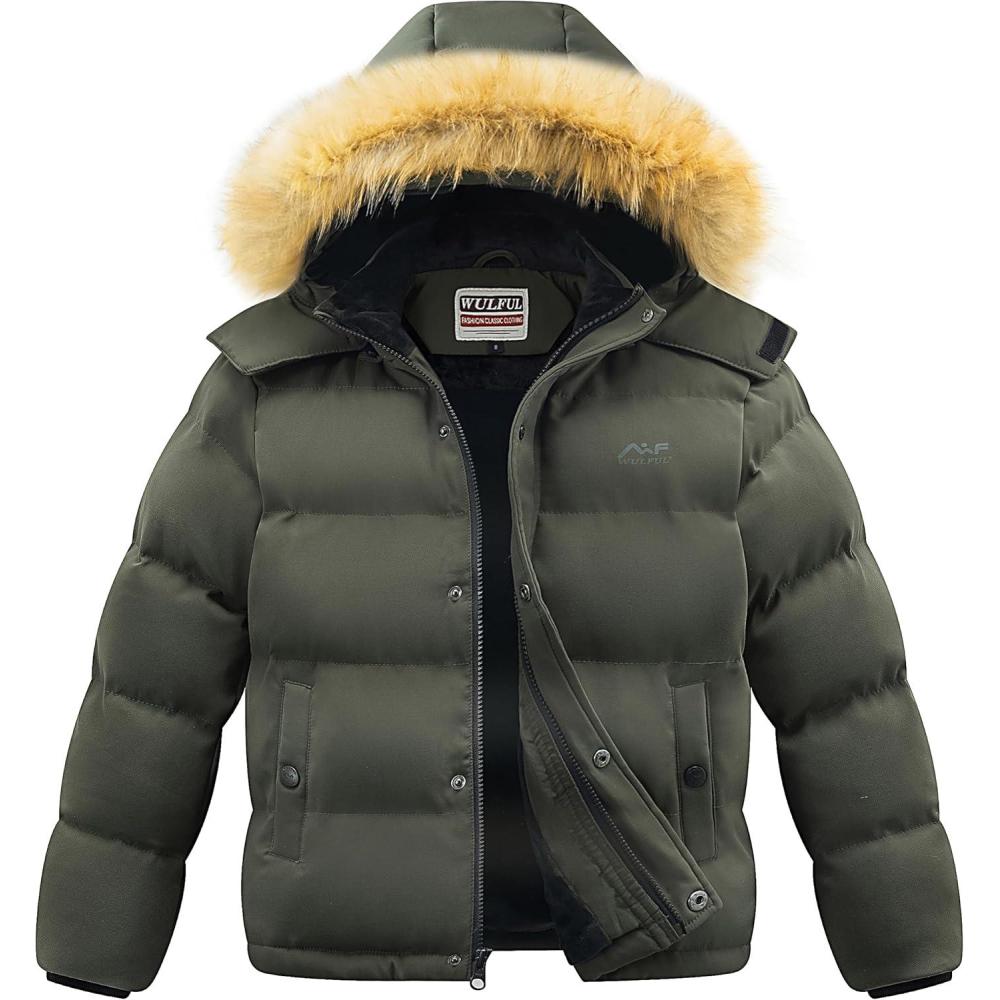 imageWULFUL Boys Girls Winter Coats Waterproof Fleece Lined Puffer Jackets Kids Thicken Outerwear With Detachable HoodArmy Green