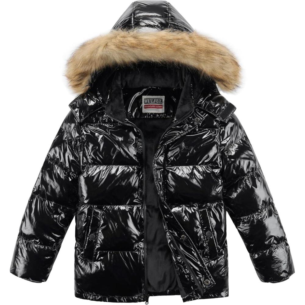 imageWULFUL Boys Girls Winter Coats Waterproof Fleece Lined Puffer Jackets Kids Thicken Outerwear With Detachable HoodBright Black