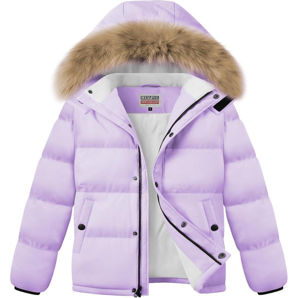 imageWULFUL Boys Girls Winter Coats Waterproof Fleece Lined Puffer Jackets Kids Thicken Outerwear With Detachable HoodLight Purple