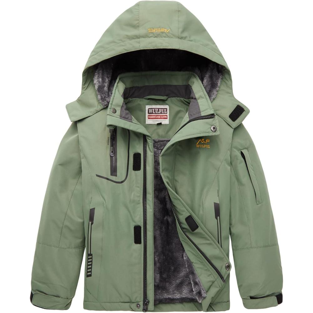 imageWULFUL Boys Waterproof Ski Jacket Warm Fleece Hooded Winter Snow CoatArmy Green0006