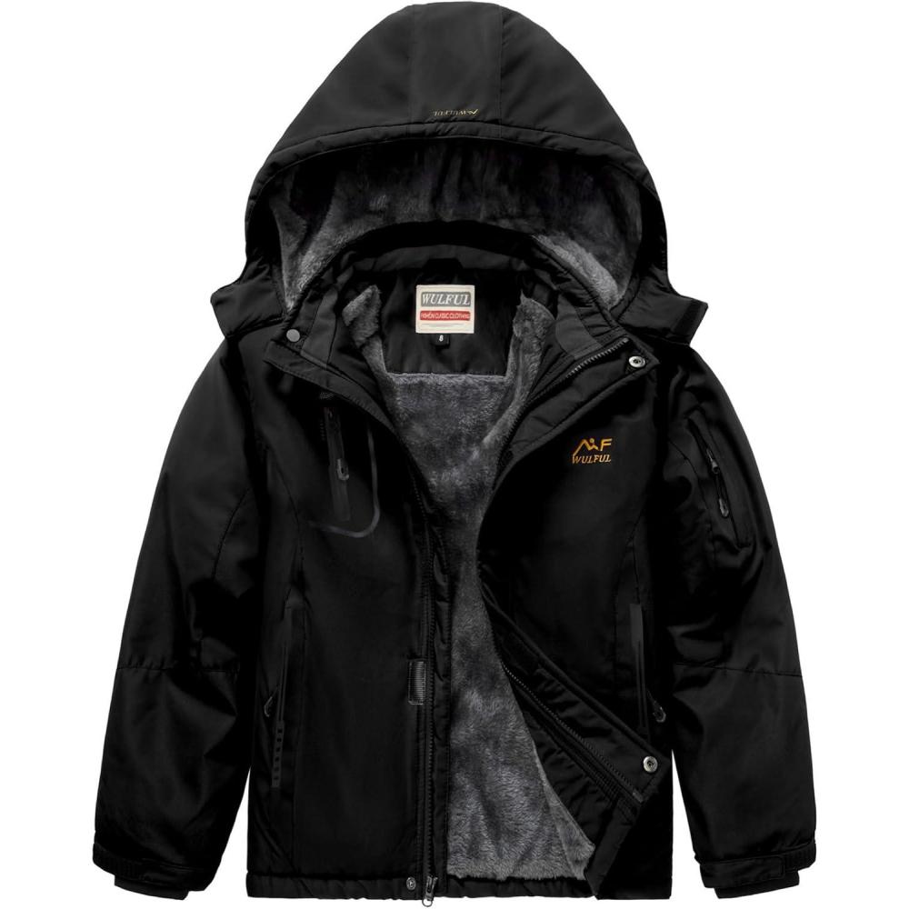 imageWULFUL Boys Waterproof Ski Jacket Warm Fleece Hooded Winter Snow CoatBlack