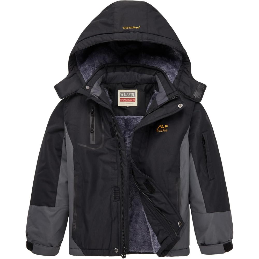 imageWULFUL Boys Waterproof Ski Jacket Warm Fleece Hooded Winter Snow CoatBlackgrey