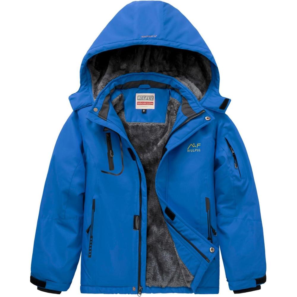 imageWULFUL Boys Waterproof Ski Jacket Warm Fleece Hooded Winter Snow CoatBlue