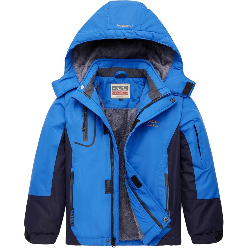 imageWULFUL Boys Waterproof Ski Jacket Warm Fleece Hooded Winter Snow CoatBluenavy