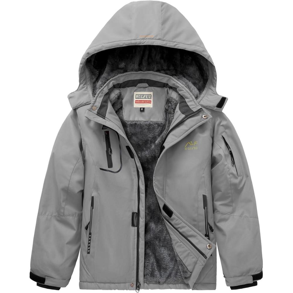imageWULFUL Boys Waterproof Ski Jacket Warm Fleece Hooded Winter Snow CoatDark Grey