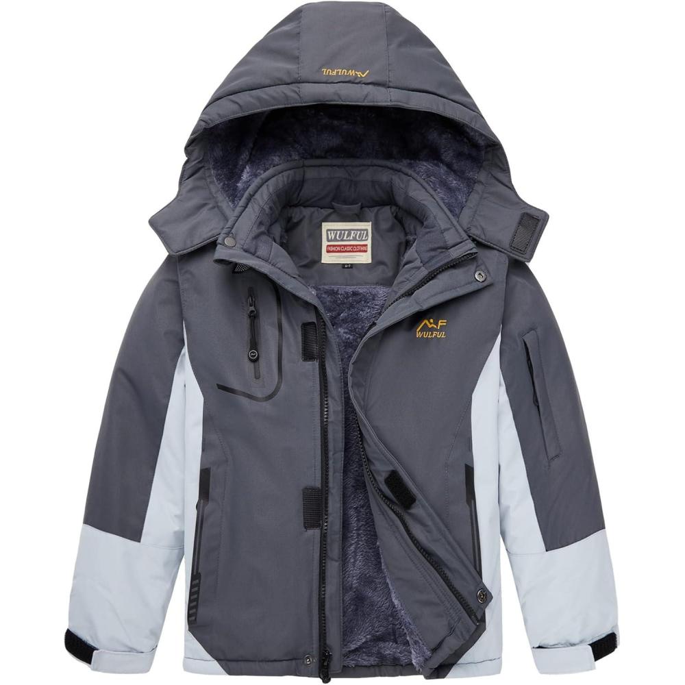 imageWULFUL Boys Waterproof Ski Jacket Warm Fleece Hooded Winter Snow CoatGreyblack