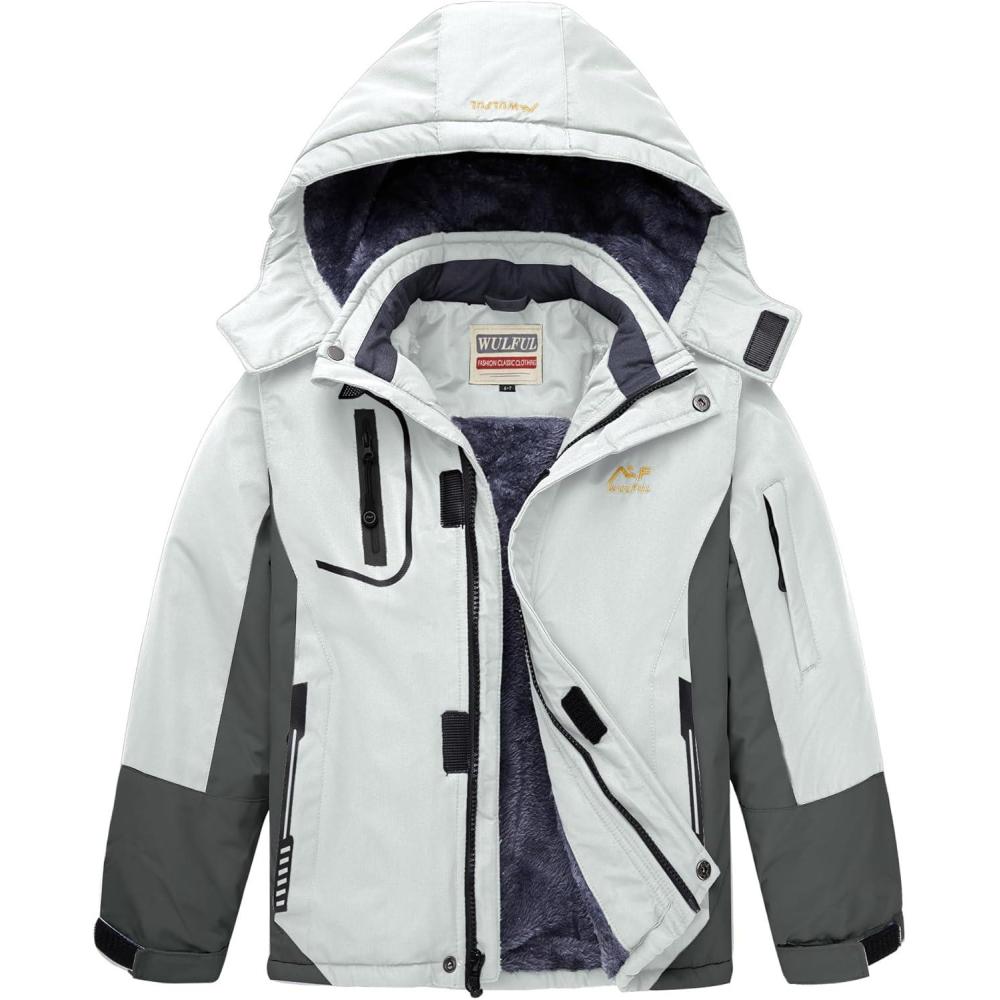 imageWULFUL Boys Waterproof Ski Jacket Warm Fleece Hooded Winter Snow CoatLightgreygrey
