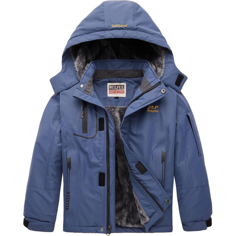 imageWULFUL Boys Waterproof Ski Jacket Warm Fleece Hooded Winter Snow CoatNavy0006
