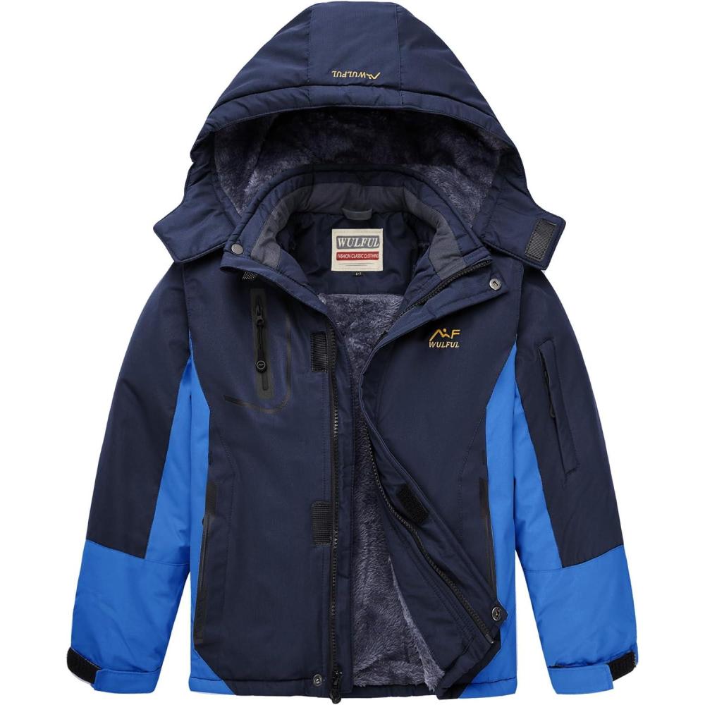 imageWULFUL Boys Waterproof Ski Jacket Warm Fleece Hooded Winter Snow CoatNavyblue