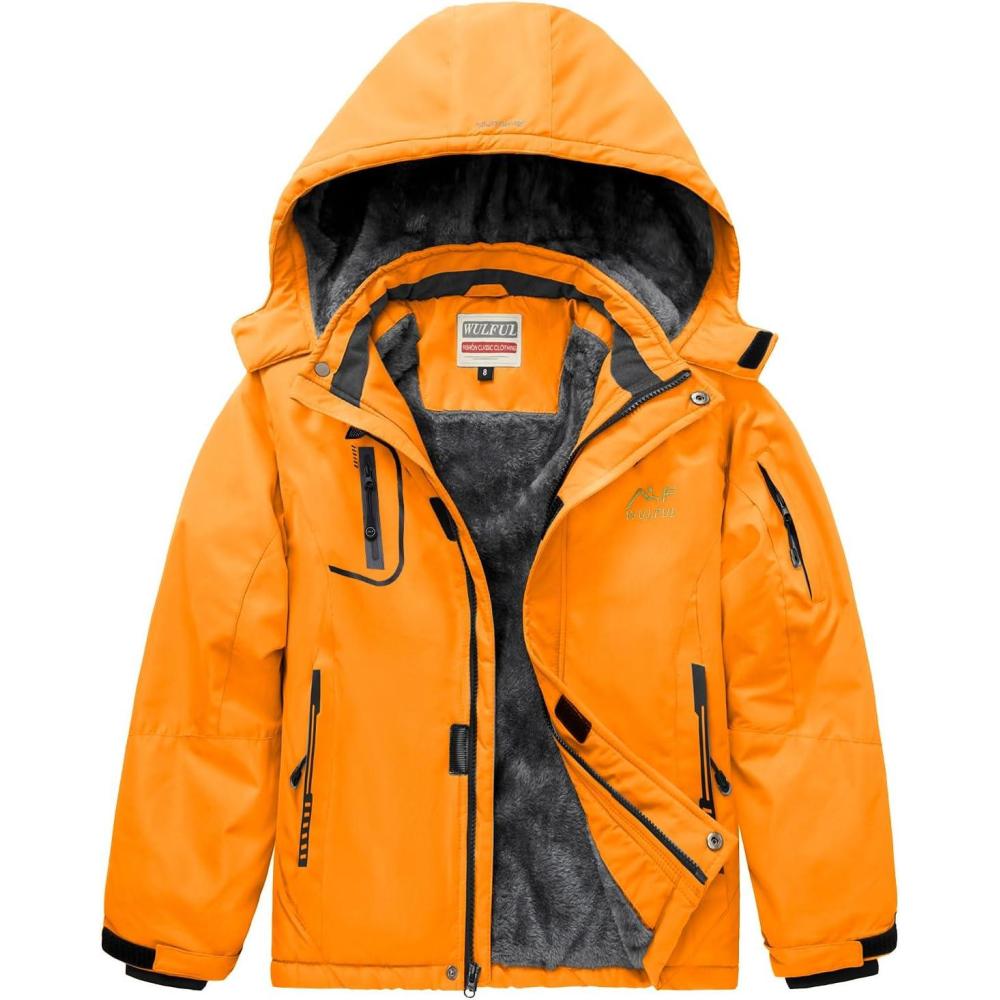 imageWULFUL Boys Waterproof Ski Jacket Warm Fleece Hooded Winter Snow CoatOrange