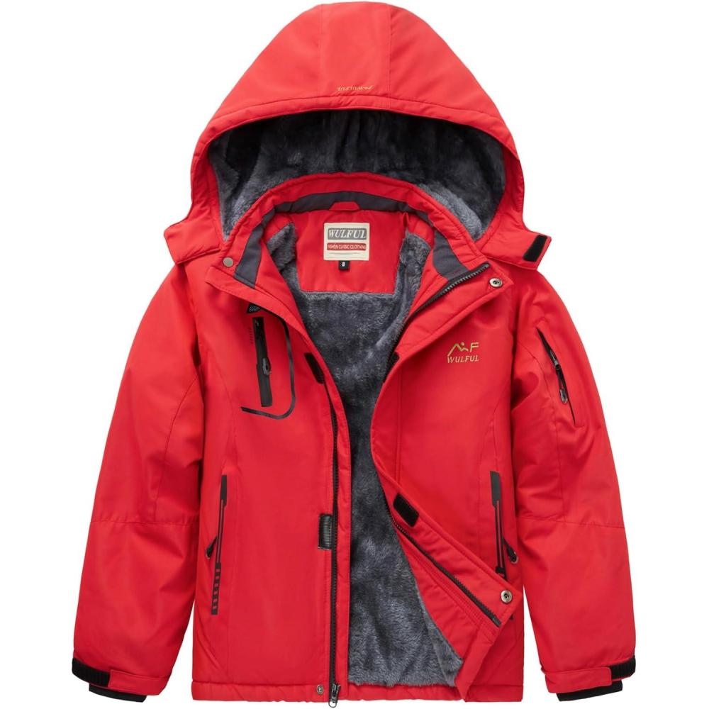 imageWULFUL Boys Waterproof Ski Jacket Warm Fleece Hooded Winter Snow CoatRed