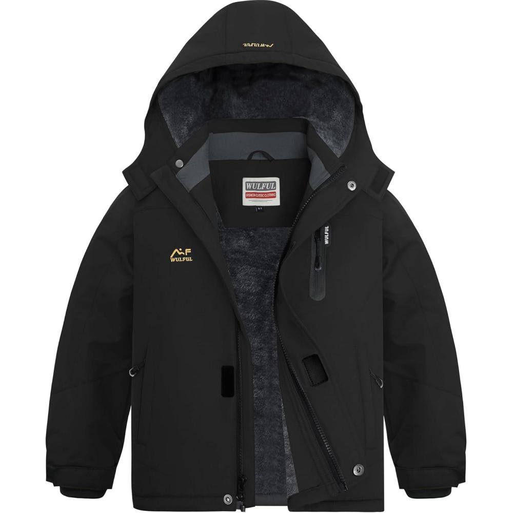 imageWULFUL Boys Waterproof Ski Jackets Warm Fleece Lined Hooded Winter Snow CoatBlack