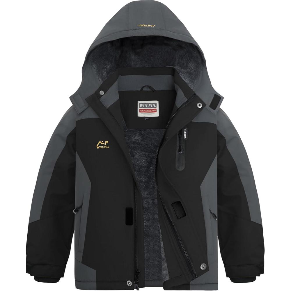 imageWULFUL Boys Waterproof Ski Jackets Warm Fleece Lined Hooded Winter Snow CoatBlack Grey