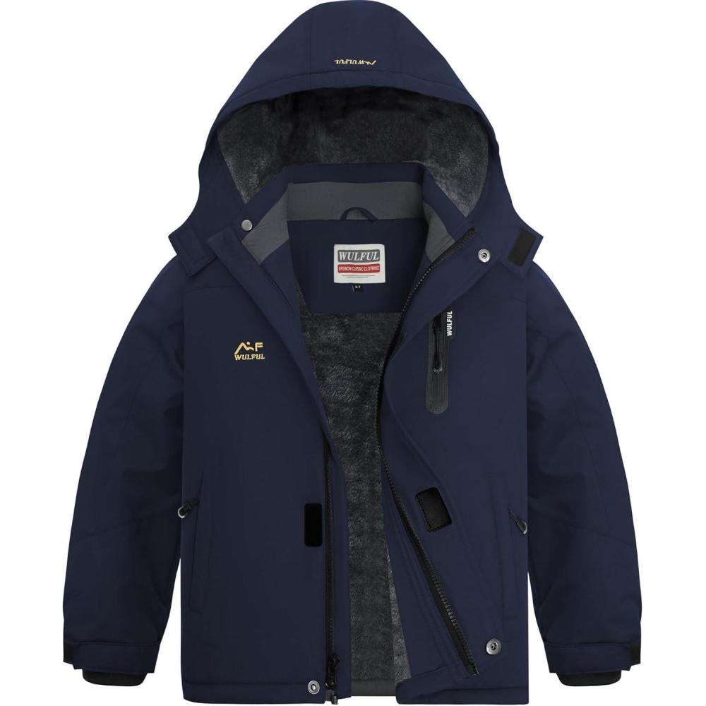 imageWULFUL Boys Waterproof Ski Jackets Warm Fleece Lined Hooded Winter Snow CoatNavy Blue