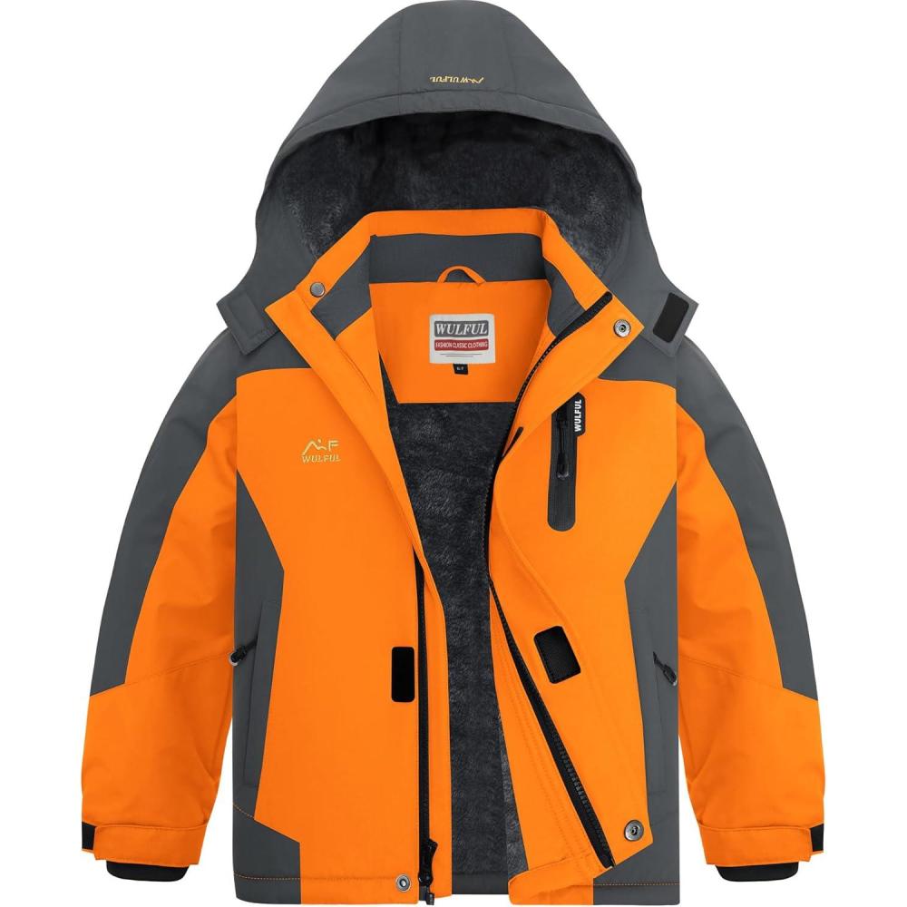 imageWULFUL Boys Waterproof Ski Jackets Warm Fleece Lined Hooded Winter Snow CoatOrange Grey