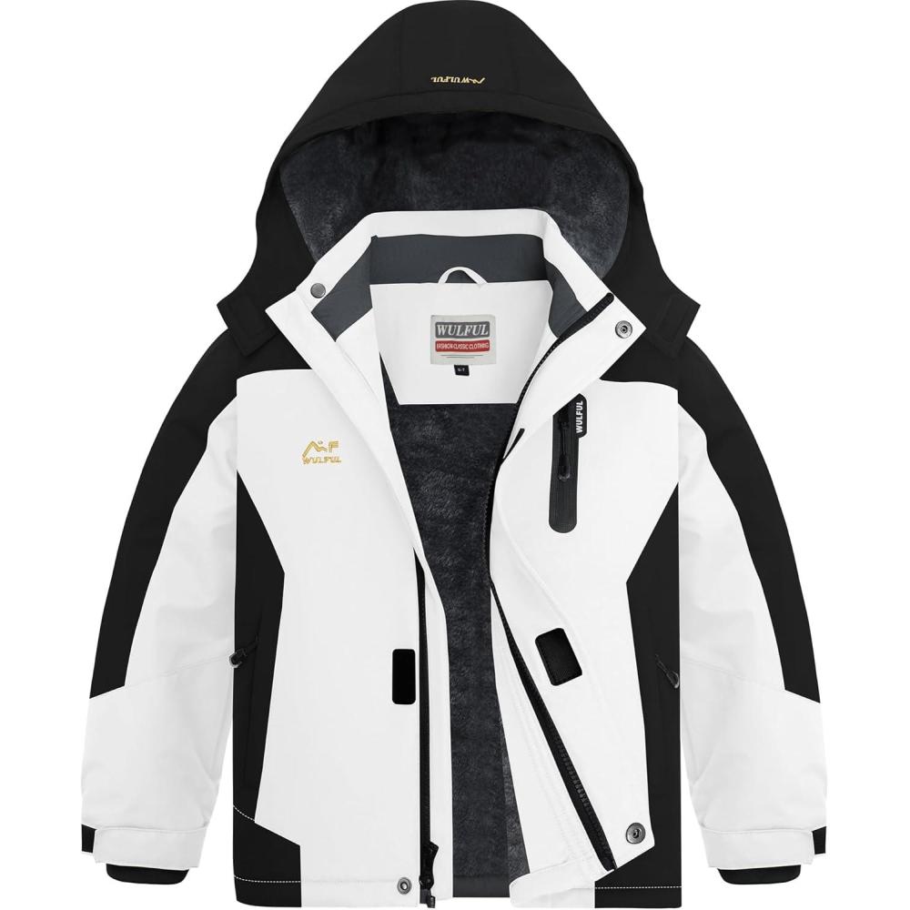 imageWULFUL Boys Waterproof Ski Jackets Warm Fleece Lined Hooded Winter Snow CoatWhite Black