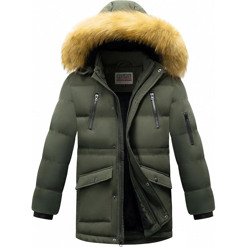 imageWULFUL Boys Winter Coat Waterproof Fleece Lined Parka Jackets Kids Hooded Puffer OuterwearArmy Green