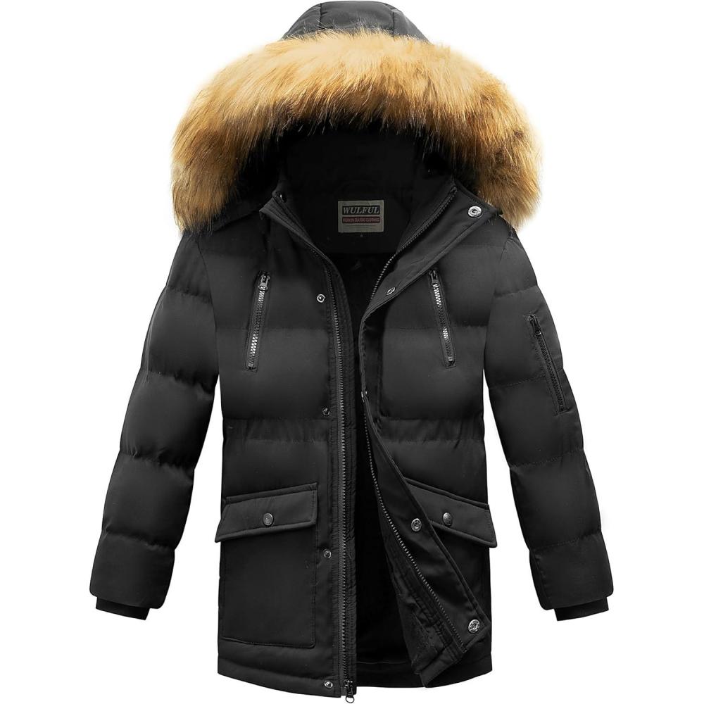 imageWULFUL Boys Winter Coat Waterproof Fleece Lined Parka Jackets Kids Hooded Puffer OuterwearBlack