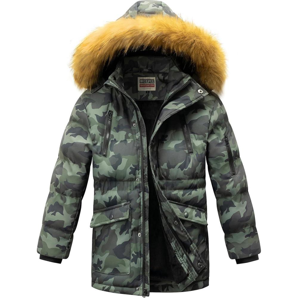 imageWULFUL Boys Winter Coat Waterproof Fleece Lined Parka Jackets Kids Hooded Puffer OuterwearCamouflage
