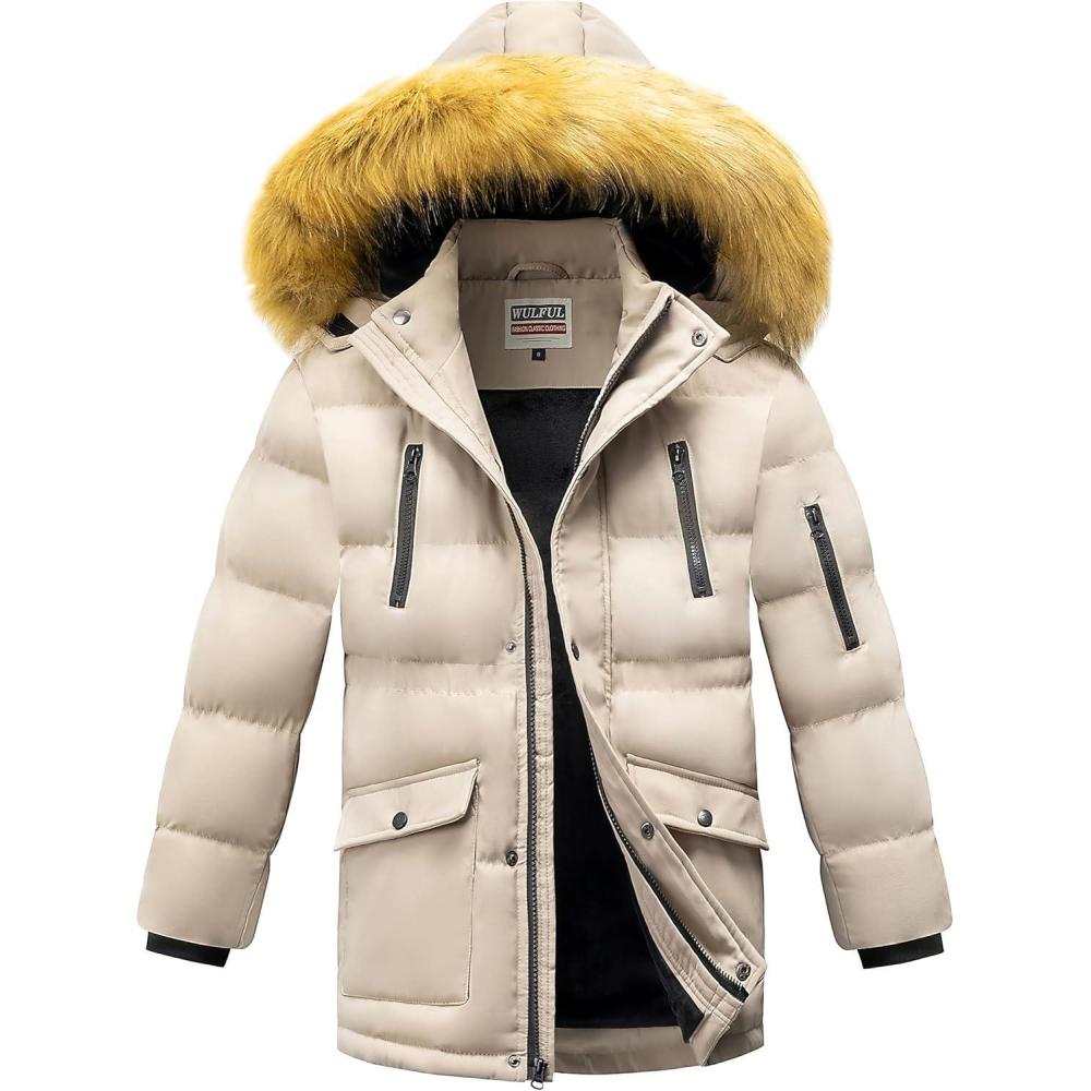 imageWULFUL Boys Winter Coat Waterproof Fleece Lined Parka Jackets Kids Hooded Puffer OuterwearKhaki
