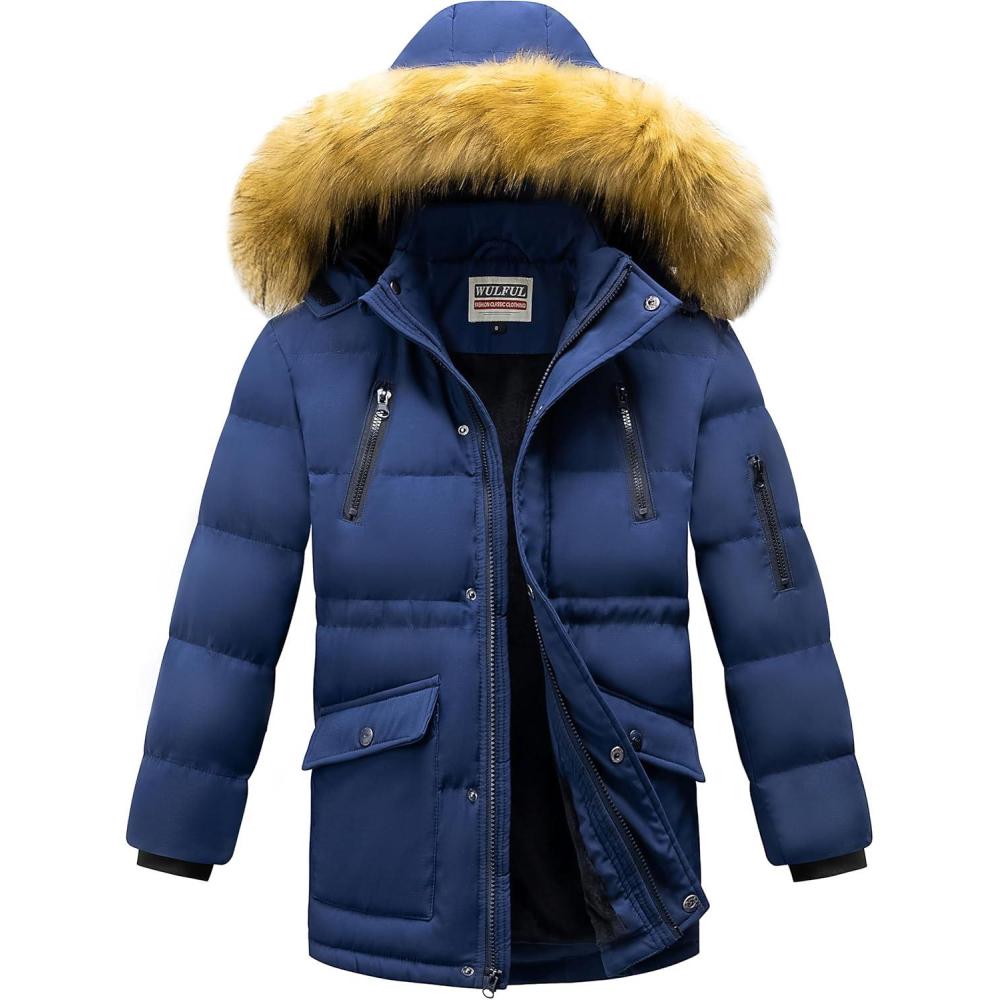 imageWULFUL Boys Winter Coat Waterproof Fleece Lined Parka Jackets Kids Hooded Puffer OuterwearNavy