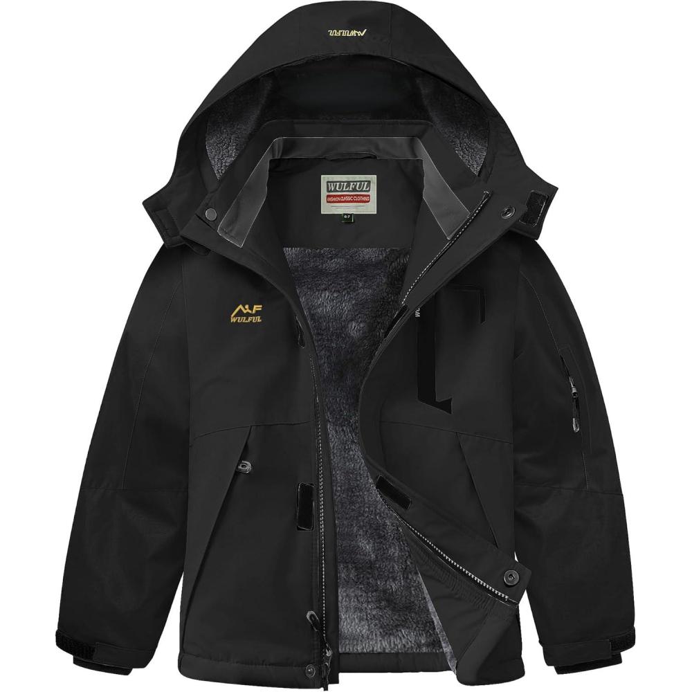 imageWULFUL Boys Winter Waterproof Ski Coat Kids Thick Fleece Snow Jacket Outdoor Windproof CoatBlack