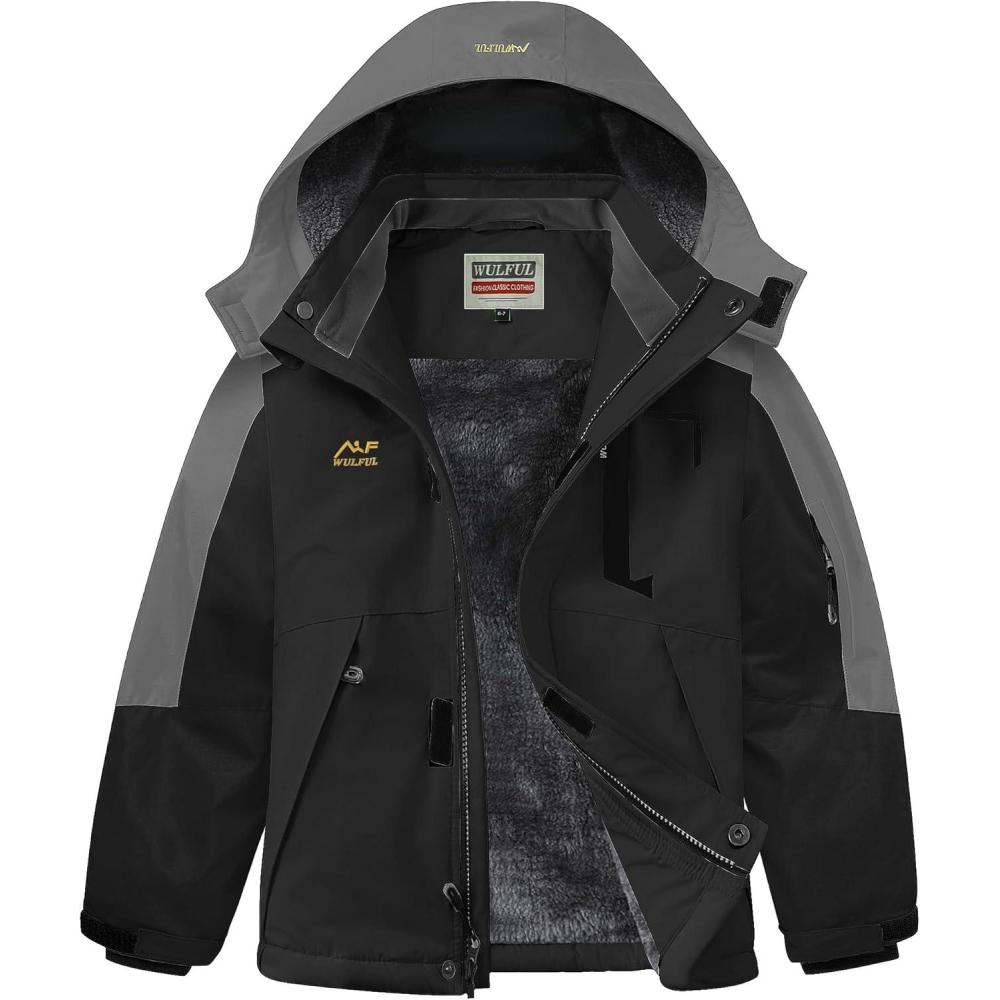 imageWULFUL Boys Winter Waterproof Ski Coat Kids Thick Fleece Snow Jacket Outdoor Windproof CoatBlackgrey