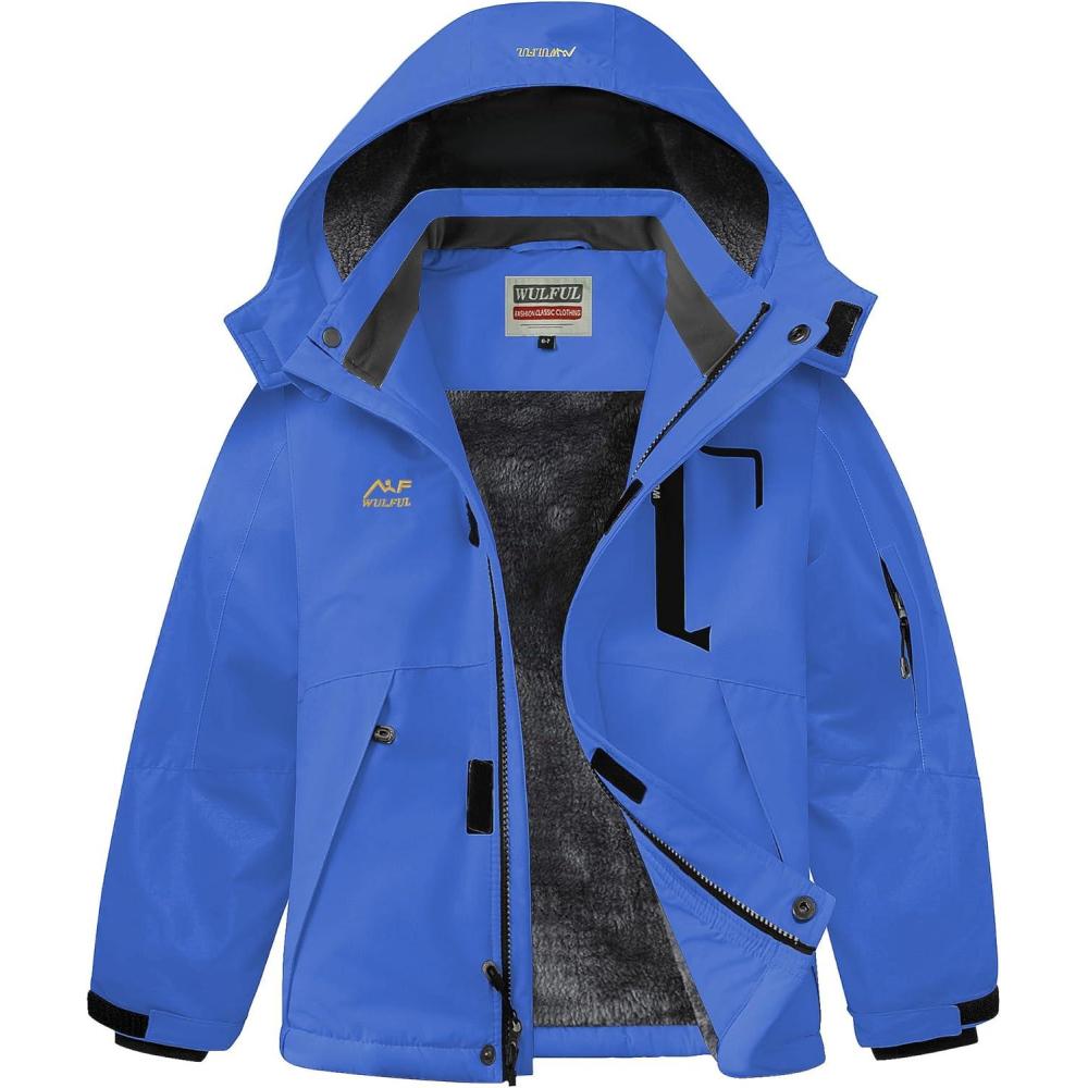 imageWULFUL Boys Winter Waterproof Ski Coat Kids Thick Fleece Snow Jacket Outdoor Windproof CoatBlue