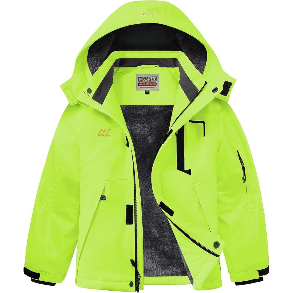 imageWULFUL Boys Winter Waterproof Ski Coat Kids Thick Fleece Snow Jacket Outdoor Windproof CoatGreen