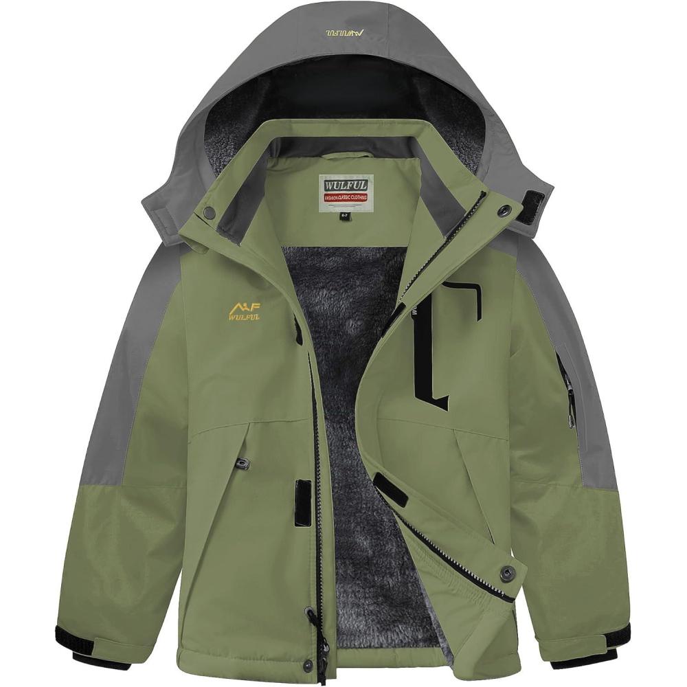 imageWULFUL Boys Winter Waterproof Ski Coat Kids Thick Fleece Snow Jacket Outdoor Windproof CoatGreengrey