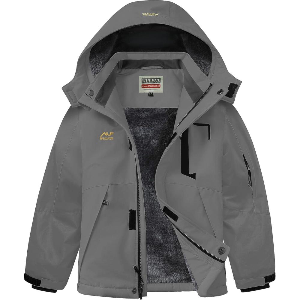 imageWULFUL Boys Winter Waterproof Ski Coat Kids Thick Fleece Snow Jacket Outdoor Windproof CoatGrey