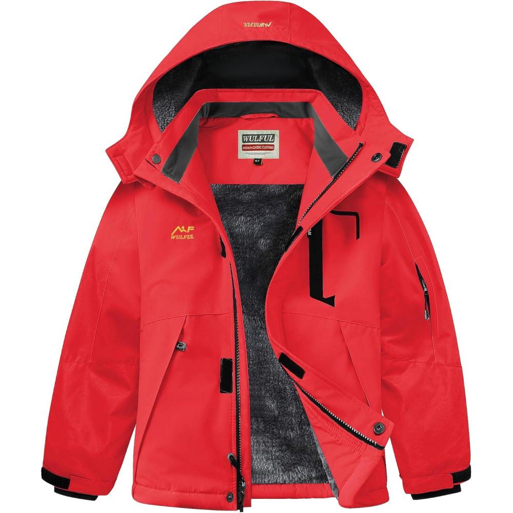 imageWULFUL Boys Winter Waterproof Ski Coat Kids Thick Fleece Snow Jacket Outdoor Windproof CoatRed