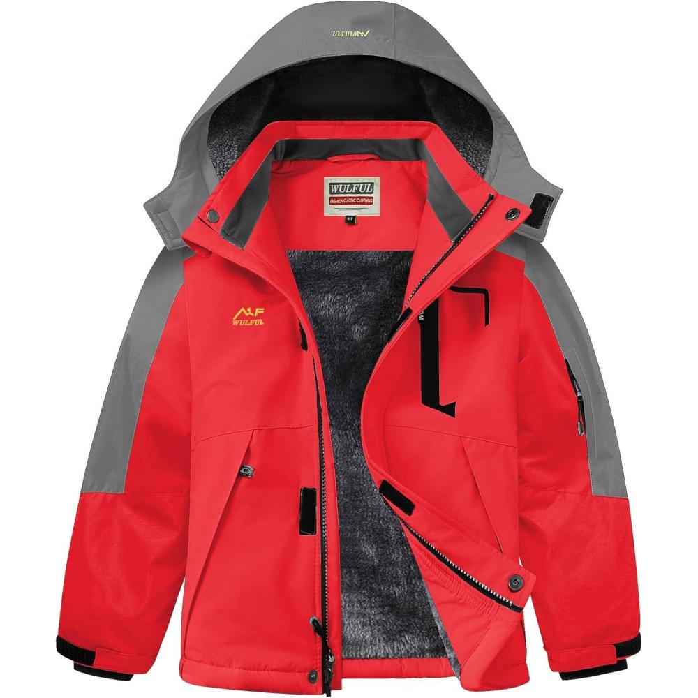 imageWULFUL Boys Winter Waterproof Ski Coat Kids Thick Fleece Snow Jacket Outdoor Windproof CoatRed Grey