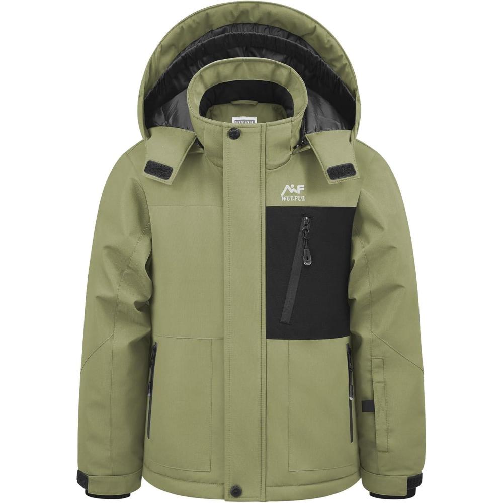 imageWULFUL Boys Winter Waterproof Ski Coat Kids Windproof Snow Jacket with Detachable HoodArrny Green