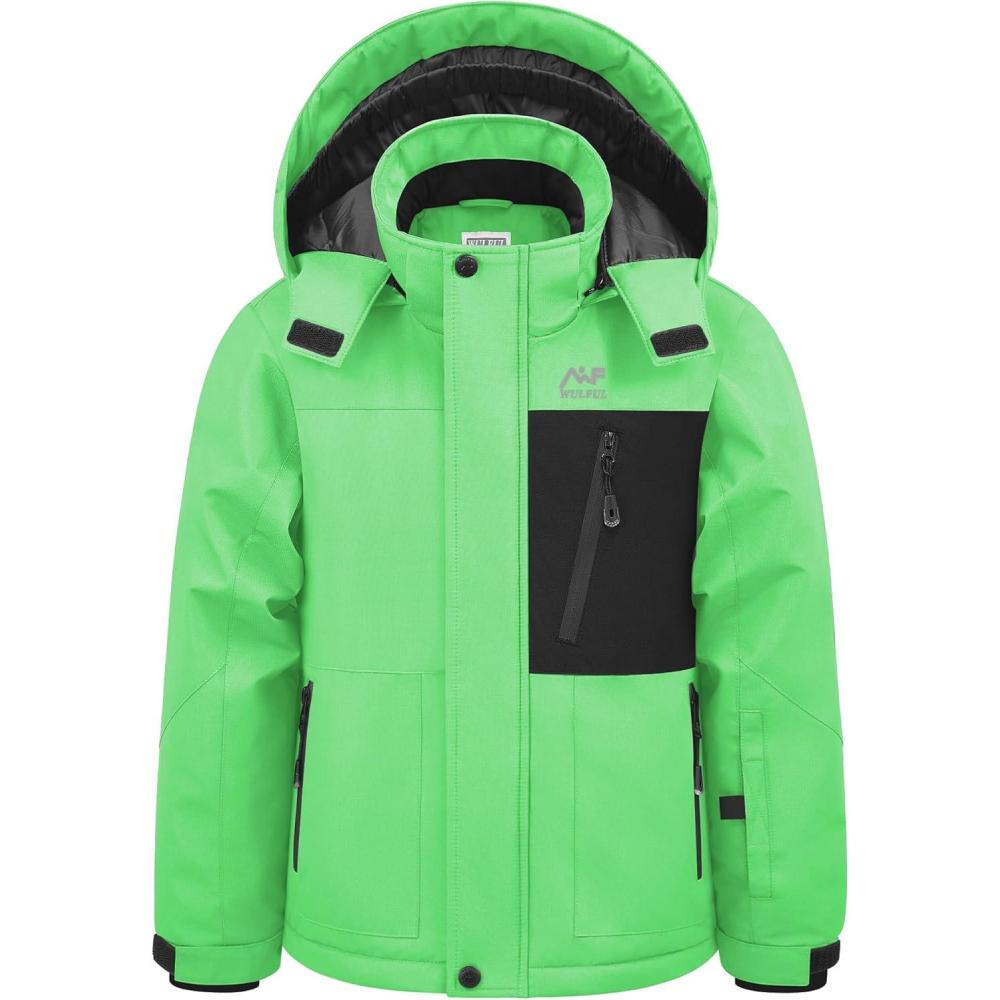 imageWULFUL Boys Winter Waterproof Ski Coat Kids Windproof Snow Jacket with Detachable HoodGreen